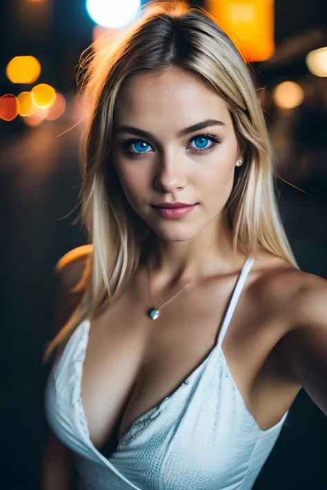(selfie shot, from above: 1.4), (half-body portrait: 1.4), 24-year-old blonde (blue-eyed woman) walking in a bar RAW uhd portrait photo, natural breast_b, city background at night, (yellow sundress), (crack), detailed (texture!, hair!, shine, color!!, flaw...