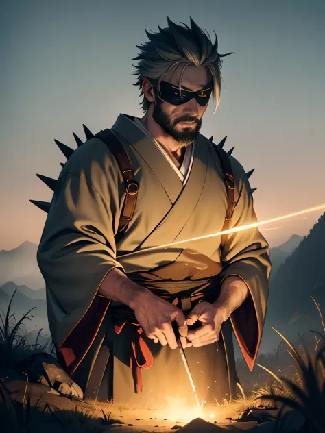 (RAW photo, 4k, master piece, highest resolution, extremely complex) (realistic: 1.4), Cinematic lighting, Highlight, splendor, on a hill, medieval\(Style\), (best quality), (High ),( Kenpachi Zaraki, eye patch, spiky hair, Japanese clothing, blood, yellow...