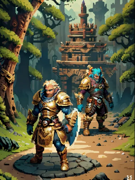 （Pixel art：1.4），Q version《Dungeons and dragons》，borgar，warrior，armor，The tree，A princess，Monsters，wasteland，drak，（（best qualtiy）），super-fine，8k，A detailed，acurate