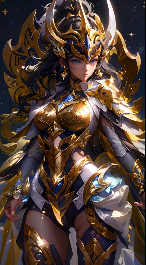 Ultra-high saturation，（tmasterpiece）， fully body photo，（best qualtiy）， （1girll）， starryskybackground，Wearing shiny gold armor， S...