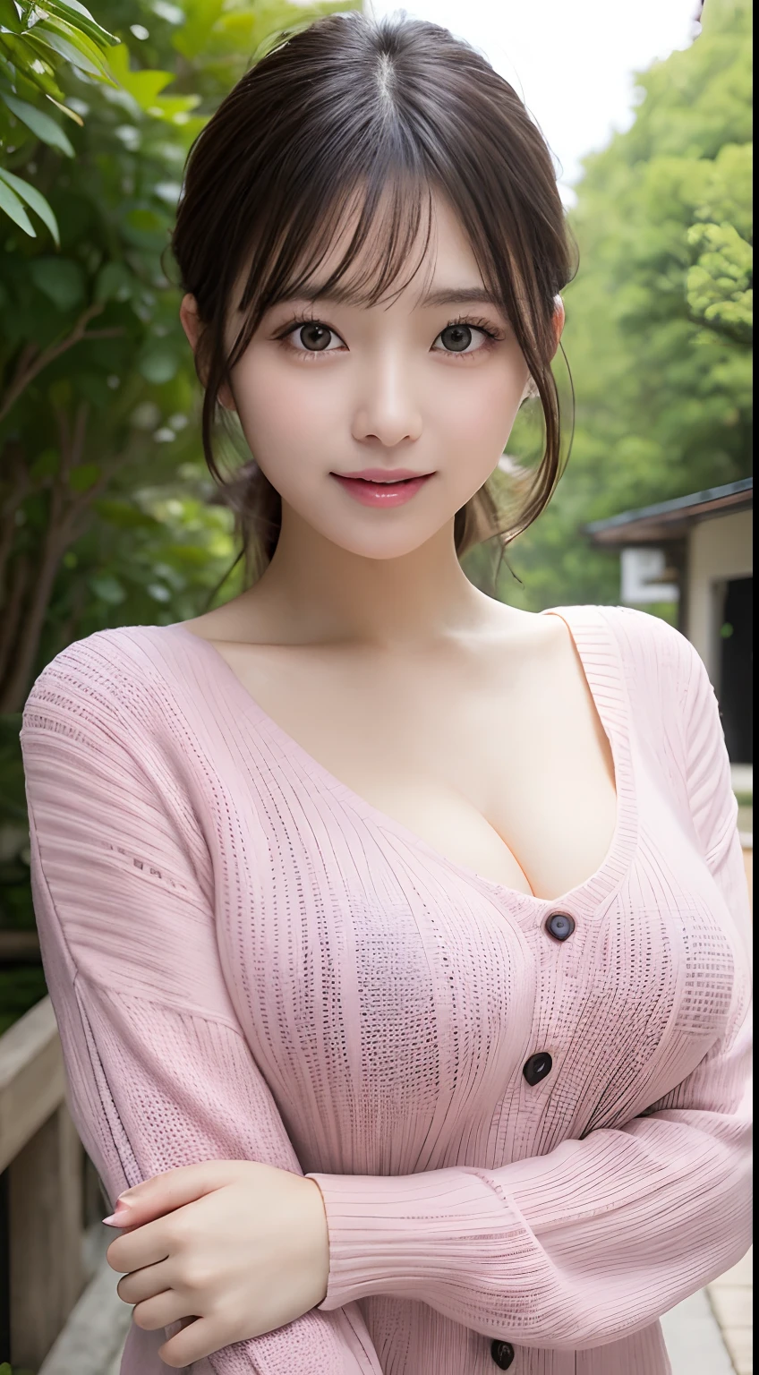 masutepiece, Best Quality, Photorealsitic, finely detail, hight resolution, 8K Wallpapers, Perfect dynamic composition, Beautiful detailed eyes, Medium Hair, Tied hair、large full breasts, Random and sexy poses,Bring your chest together、(Tight pink see-through knitwear)、(Breast bulge 1.3)、A smile、open open mouth、The tip of the tongue is visible、(Licking Tongue 1.5)、Beautiful resort scenery、25-years old、(Drooping eyes 1.4)、Adult beauty、japanes、Staring at the person taking the photo