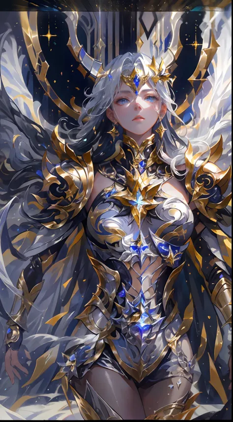 Ultra-high saturation，（tmasterpiece）， fully body photo，（best qualtiy）， （1girll）， starryskybackground，Wearing shiny gold armor， S...