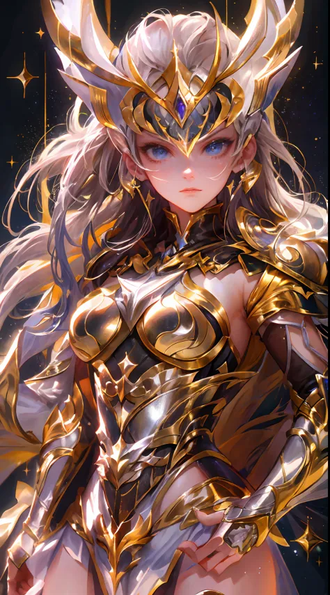 Ultra-high saturation，（tmasterpiece）， fully body photo，（best qualtiy）， （1girll）， starryskybackground，Wearing shiny gold armor， S...