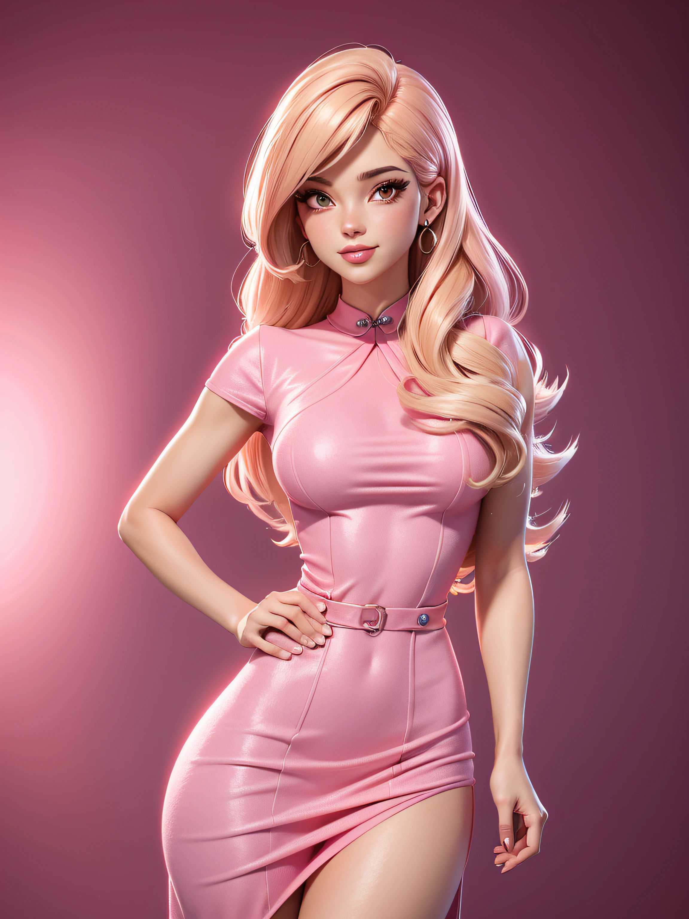  sexy corpo inteiro, vestido rosa, com brilho, cabelo loiro, olhar chamativo, Estilo dos desenhos animados dos anos 50, imagem vetorial, sem antecedentes, estilo clip-art