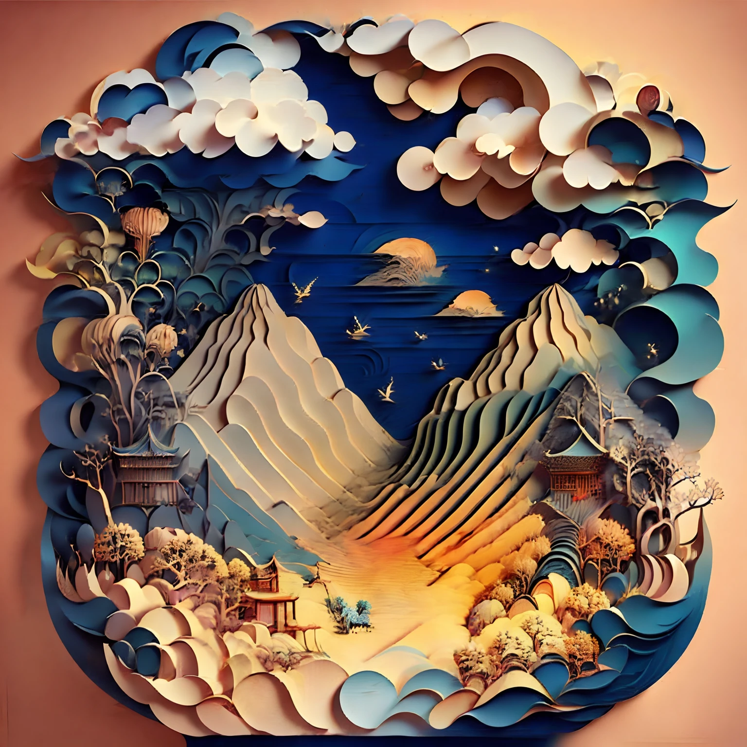 Corte de Papel 3D Multidimensional Corte de Papel - Corte de Papel，Ilustração chinesa da pintura chinesa，vista da paisagem，nuvens auspiciosas，Fundo bege claro，Estilo de massa degradê