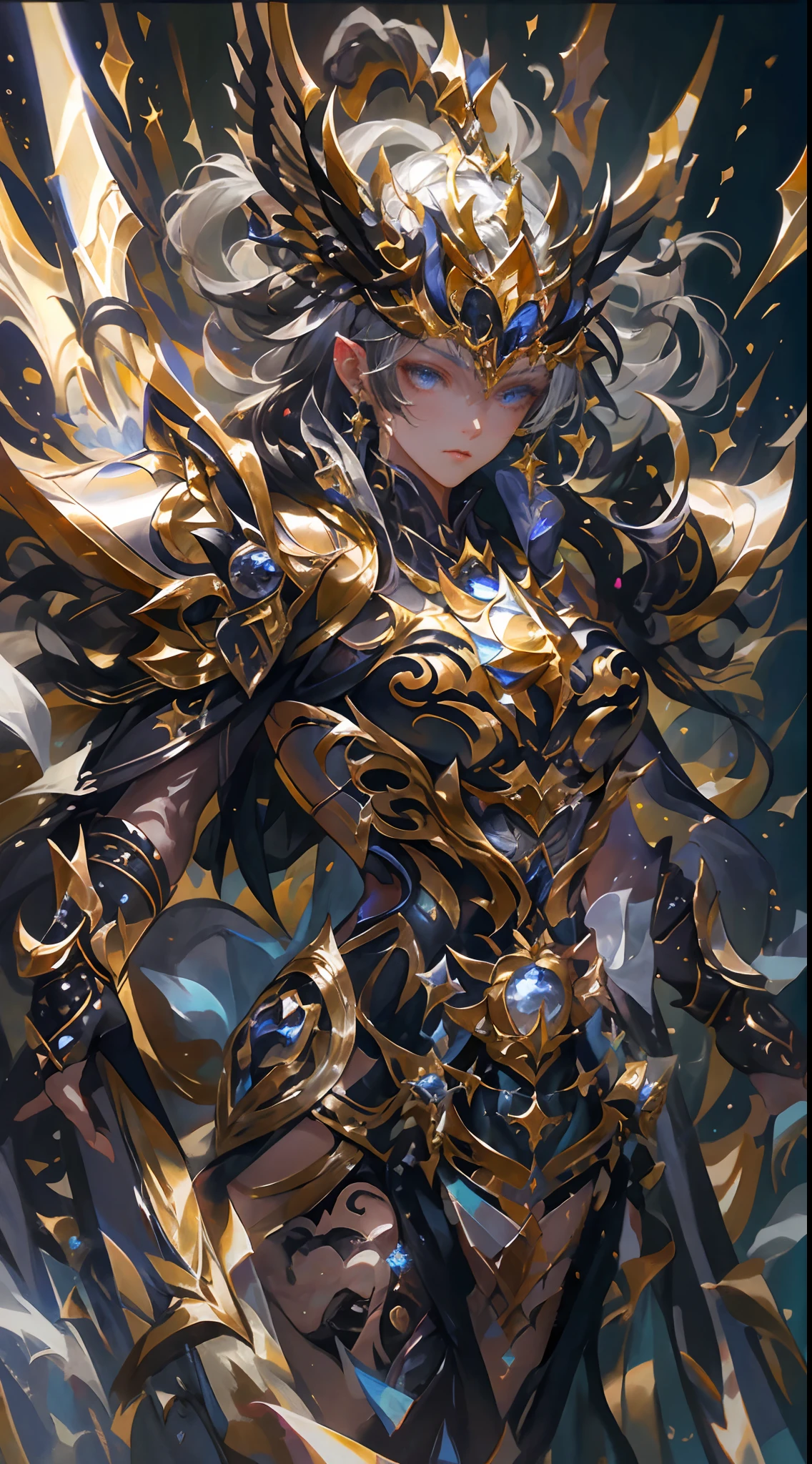 Ultra-high saturation，（tmasterpiece）， fully body photo，（best qualtiy）， （1girll）， starryskybackground，Wearing shiny gold armor， Sexy lingerie type armor，Expose your chest，Expose the waistline，Exposing thighs，cool-pose， Saint Seiya Armor， messy  hair，high detal, Anime style, Cinematic lighting, Sparkle, god light, Ray traching, filmgrain, hyper HD, textureskin, super detailing, Anatomical correct, A high resolution，Ultra-high saturation，hight contrast，High-gloss armor，Smooth skin，Serious expressions,Dark room,