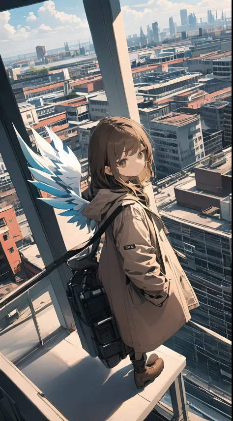 (masterpiece, best quality),from above , 1girl, solo, (feathered wings:1.2), billboard, brown eyes, brown hair, building, city, ...