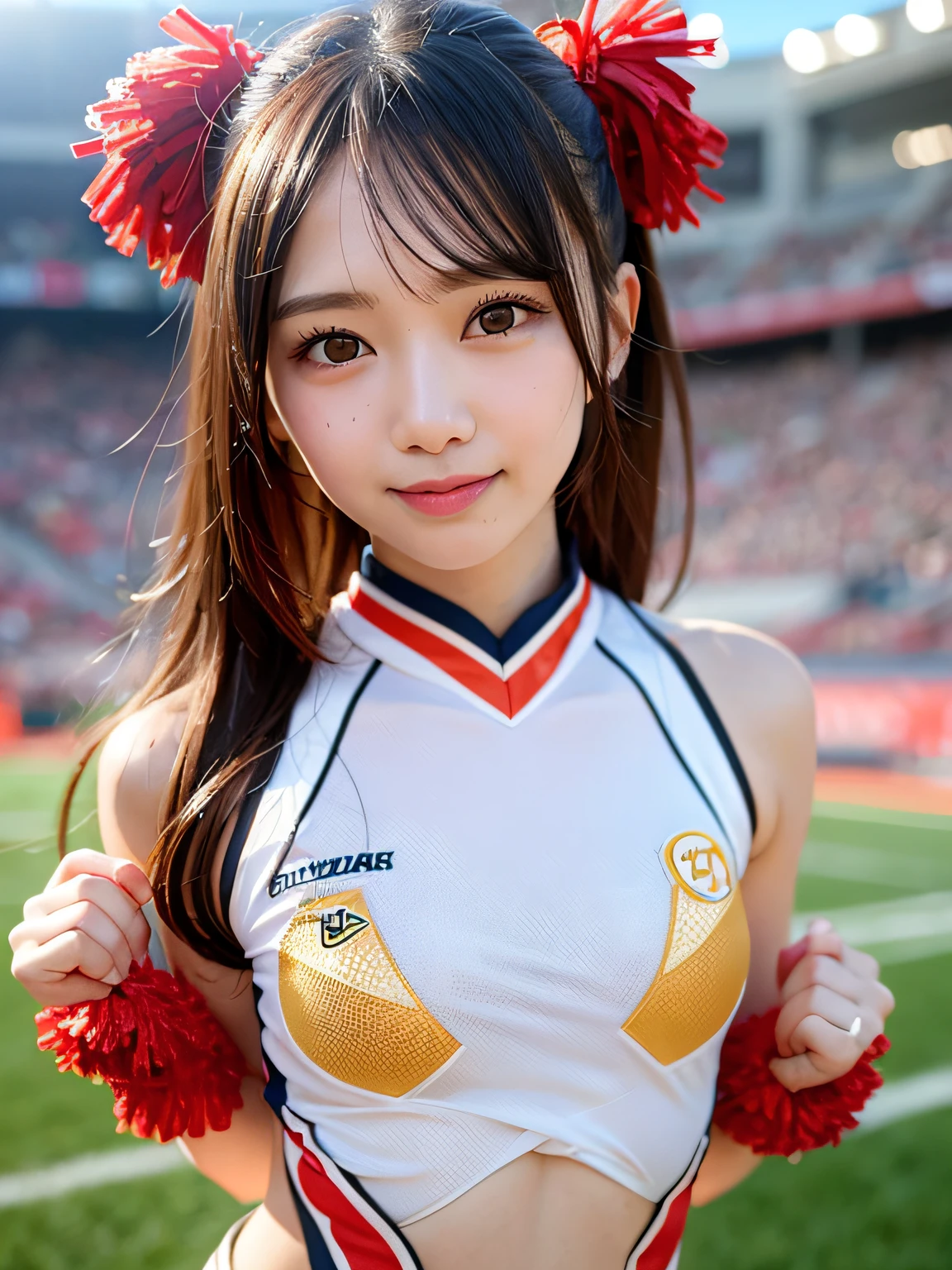 Ala Fed Asian cheerleader holding pom pom in stadium, closeup, closeup ...