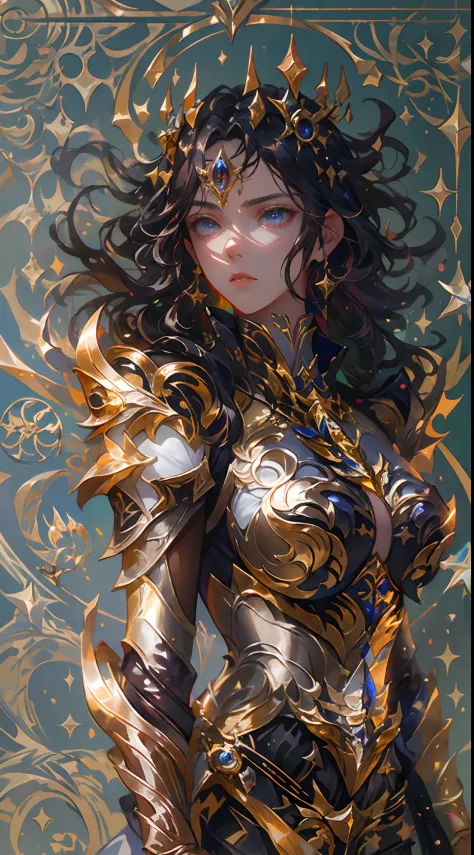 Ultra-high saturation，（tmasterpiece）， fully body photo，（best qualtiy）， （1girll）， starryskybackground，Wearing shiny gold armor， S...