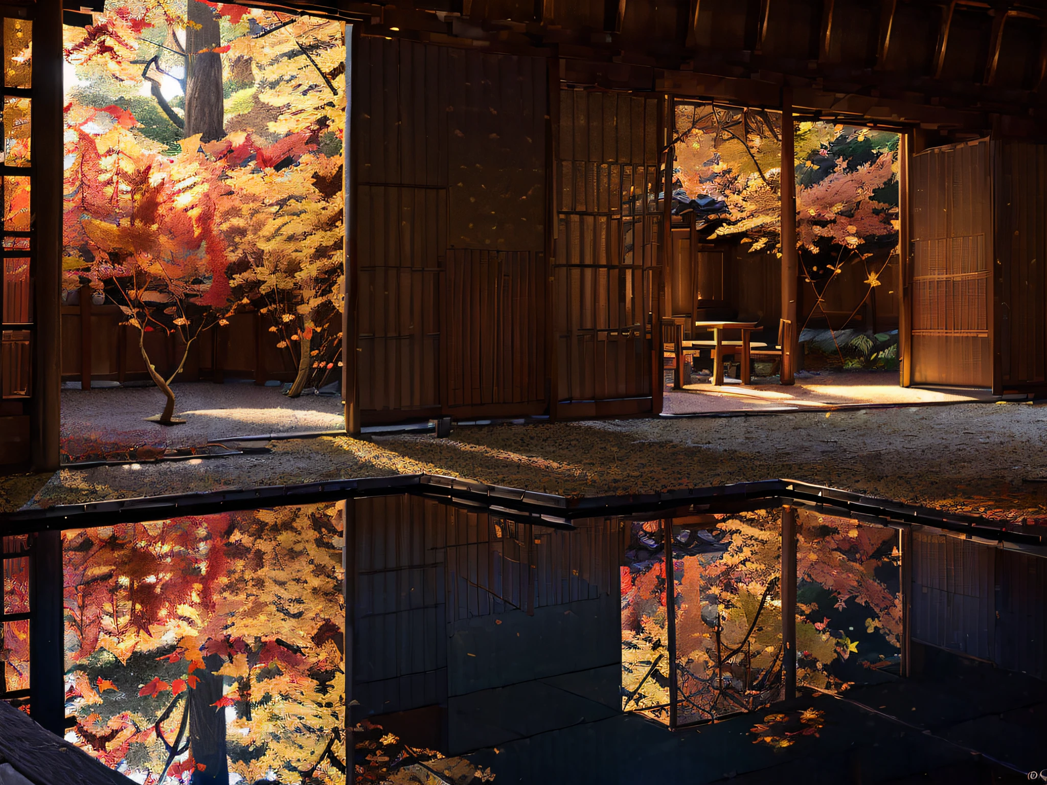 ((((night situation:1.5)))), An illustration of the scenery of the autumn leaves are depicted in a double layer due to the mirror reflection of Korin-in, Daitoku-ji Temple. at night, ultra-detailed, hyper-sharp, digital illustration, Place: Daitokuji Korin-in room Time: Autumn Subject: A specular reflection of autumn foliage The illustration depicts the specular reflection of autumn leaves on a table in the interior of Daitokuji Korin-in Temple. The table is in a room with a calm atmosphere like a tea room. The scenery of autumn leaves is clearly projected on the table. The scenery of autumn leaves is thought to have been seen from famous spots for autumn leaves such as the Sanmon Gate and Hojo in the precincts of Daitokuji Temple. The autumn leaves are dyed in various colors such as red, yellow, and orange, creating an atmosphere of autumn. (((In the illustration, the autumn leaves are depicted in a double layer due to the mirror reflection: 1.5))), which further emphasizes the beauty of the autumn leaves. In addition, the mirror reflection connects the interior and the landscape of the precincts, giving a sense of the depth of the space. Fittings such as shoji and fusuma in the room light from window Vividly expressing the colors of autumn leaves Emphasizing the beauty of autumn leaves by mirror reflection Expressing a space where the interior and the scenery of the precincts are connected