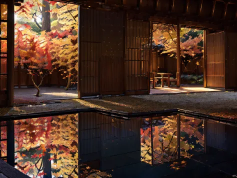 ((((night situation:1.5)))), An illustration of the scenery of the autumn leaves are depicted in a double layer due to the mirro...