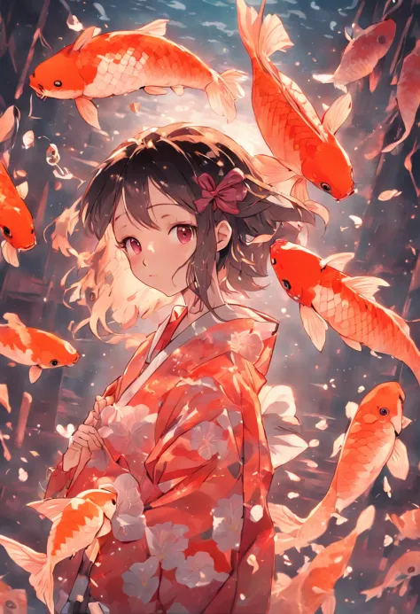 A graceful depiction of a young girl surrounded by a swirling flock of  mesmerizing koi fish, (lots of koi fishes),resembling an elegant and serene  Japanese ink painting. - SeaArt AI