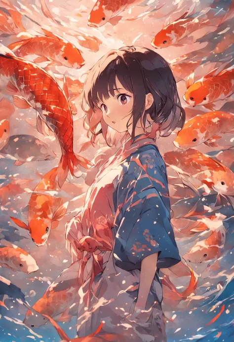 A graceful depiction of a young girl surrounded by a swirling flock of  mesmerizing koi fish, (lots of koi fishes),resembling an elegant and serene  Japanese ink painting. - SeaArt AI