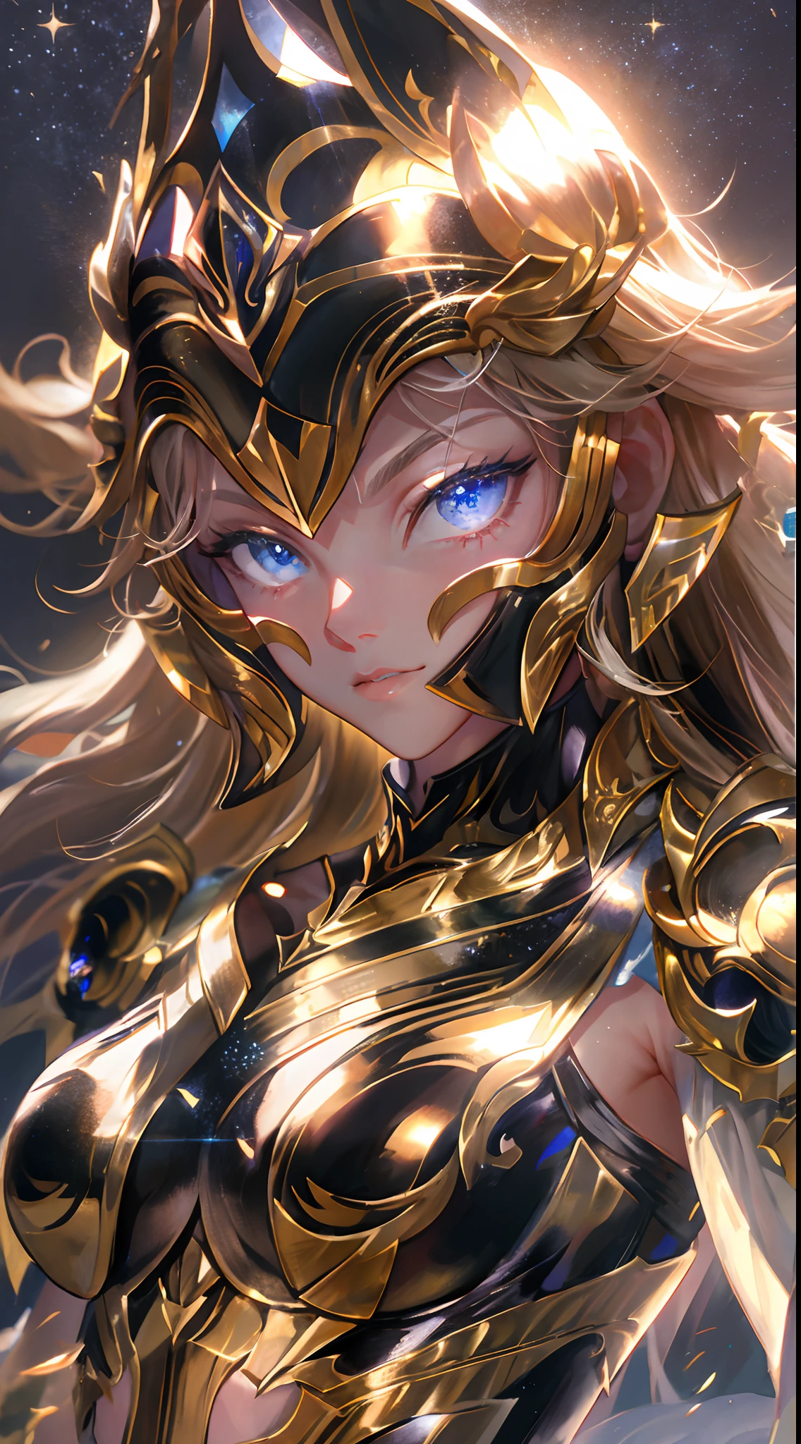Ultra-high saturation，（tmasterpiece）， fully body photo，（best qualtiy）， （1girll）， starryskybackground，Wearing shiny gold armor， Sexy lingerie type armor，Expose your chest，Expose the waistline，Exposing thighs，cool-pose， Saint Seiya Armor， messy  hair，high detal, Anime style, Cinematic lighting, Sparkle, god light, Ray traching, filmgrain, hyper HD, textureskin, super detailing, Anatomical correct, A high resolution，Ultra-high saturation，hight contrast，High-gloss armor，Smooth skin，Serious expressions,Dark room,