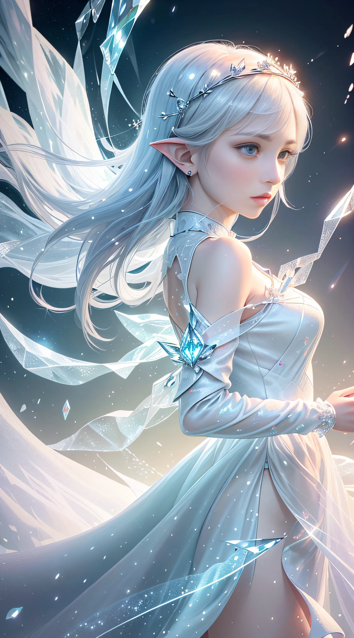 (Masterpiece, Top Quality, Best, Official Art, Beautiful and Aesthetic, Long Exposure: 1.2), Smooth Movement, Charming Patterns, 1 Girl, (Long Dress with Sleeves: 1.3), (((White Clothes) )), upper body close-up, bare shoulders, Chinese girl, blush, black lob hair, portrait, solo, upper body, looking at the observer, detailed background, detailed face, (crystallineAI, crystalline theme:1.1), elemental wind elves, rotation Wind, control the wind, white crystal clothing, dynamic pose, floating particles, ethereal dynamics, whirlwind, vapor, whirlwind in the background, white tone, whirlwind, ethereal atmosphere,