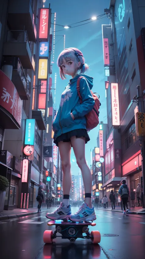anime girl, standing on a skateboard, Tokyo, Bioluminescent