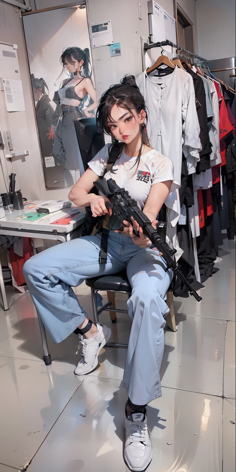 Premium Photo | A girl in a uniform with a gun poses in the studio the  emphasis is on the gun which is in the foreground