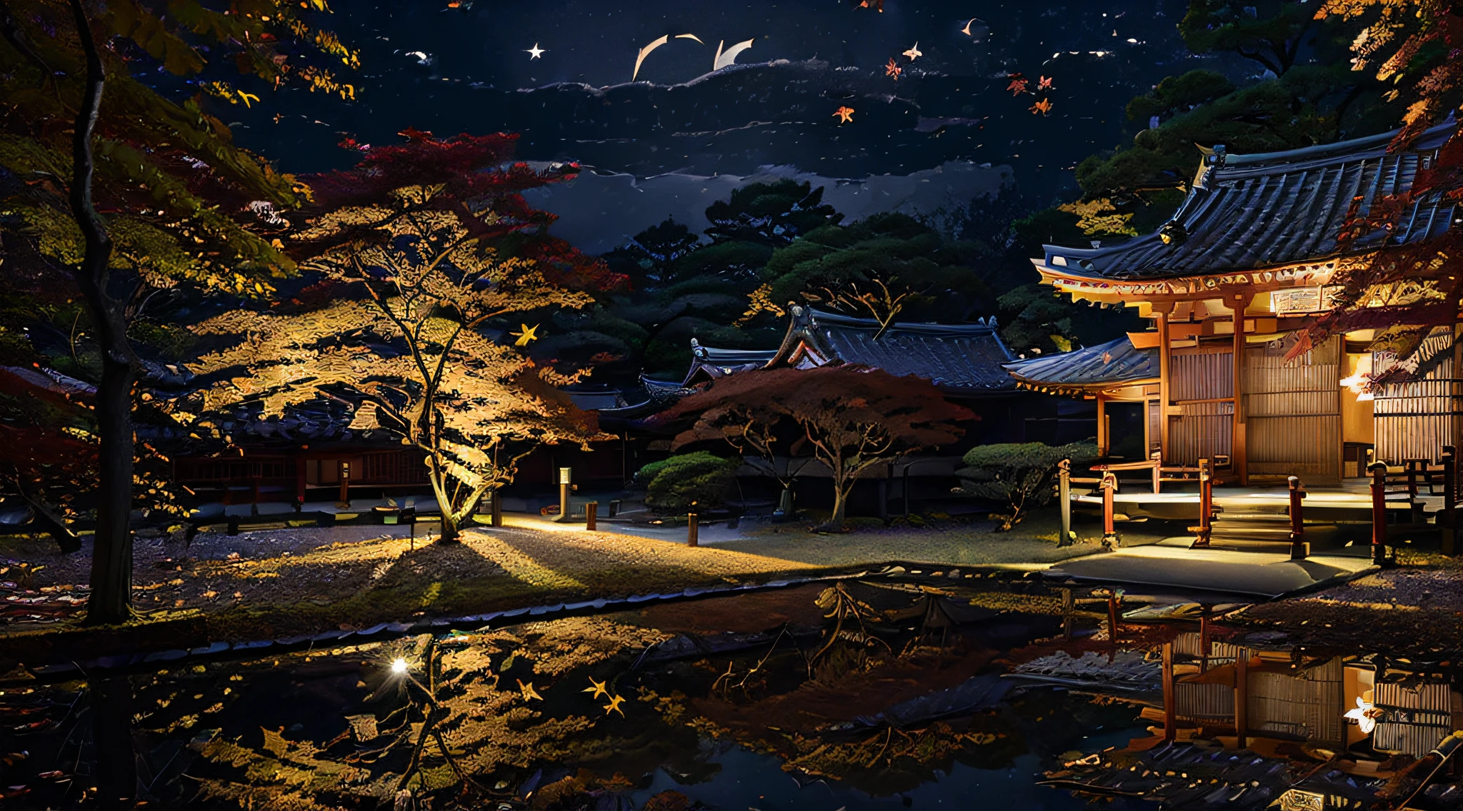 ((((Nachtsituation:1.5)))), An illustration of the scenery of die Herbstblätter werden durch die Spiegelung doppellagig dargestellt of Korin-in, Daitoku-ji-Tempel. in der Nacht, ultra-detailliert, hyperscharf, digitale Illustration, Ort: Daitokuji Korin-in Raumzeit: Herbstthema: Eine spiegelnde Reflexion von Herbstlaub Die Abbildung zeigt die spiegelnde Reflexion von Herbstlaub auf einem Tisch im Inneren des Daitokuji Korin-in-Tempels. Der Tisch steht in einem Raum mit ruhiger Atmosphäre wie einem Teezimmer. Die Landschaft der Herbstblätter wird deutlich auf den Tisch projiziert. Man geht davon aus, dass die Herbstlaublandschaft von berühmten Herbstlaubplätzen wie dem Sanmon-Tor und Hojo im Bezirk des Daitokuji-Tempels aus zu sehen war.. Die Herbstblätter sind in verschiedenen Farben wie rot gefärbt, Gelb, and orange, Schaffen einer herbstlichen Atmosphäre. (((In der Abbildung, die Herbstblätter werden durch die Spiegelung doppellagig dargestellt: 1.5))), was die Schönheit der Herbstblätter noch mehr betont. Zusätzlich, die Spiegelung verbindet das Innere und die Landschaft des Bezirks, vermittelt ein Gefühl für die Tiefe des Raumes. Ausstattungen wie Shoji und Fusuma im Raumlicht vom Fenster. Lebendige Darstellung der Farben der Herbstblätter. Betonung der Schönheit der Herbstblätter durch Spiegelreflexion. Darstellung eines Raums, in dem das Innere und die Landschaft der Umgebung miteinander verbunden sind.