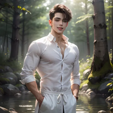 handsome 22 year old guy, ikemen, bishoune, beautiful face,semi realistic anime,masterpiece, naked completely, muscular, wearing...