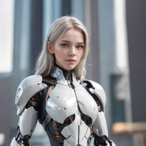 a woman in a futuristic suit posing in a city, cute cyborg girl, beutiful white girl cyborg, girl in mecha cyber armor, (sitting:1.4), (perfect body:1.3), (Perfect proportions:1.4), (Long silver viking style Hair:1.4), Big Green Eyes, HDR (High Dynamic Ran...