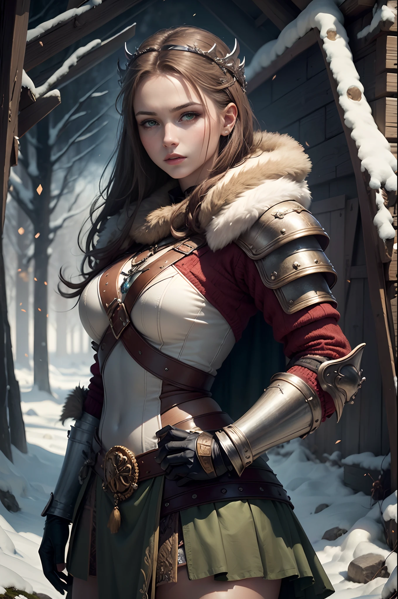 (傑作, 超詳細: 2), (最高品質: 2), (美しい woman: 2), (美しい face: 2), viking warrior woman wearing 現実的 winter battle armor, 茶色の髪と淡い緑色の目, バイキングクラウン, 美しい, 現実的