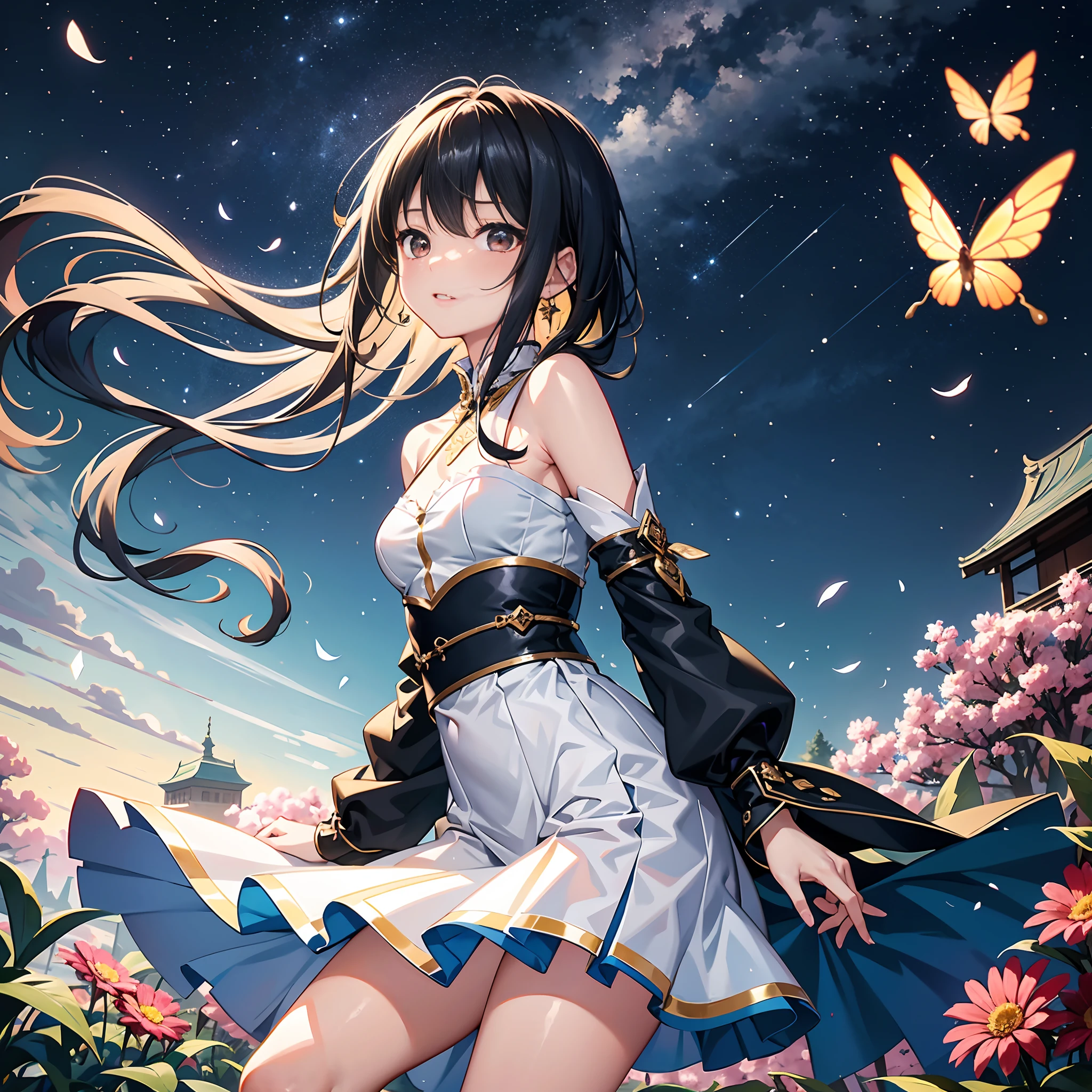 ，masterpiece, best quality，8k, ultra highres，On a silent night，The girl sits alone on the roof，（sitting on rooftop），Look up at the vast starry sky。The stars are scattered like thousands of diamonds on the blue sky，Brilliant and mysterious。A gentle breeze ruffled the girl's long hair，Gently brush her cheek，Brings a touch of coolness and tranquility。 girl close eyes，Take a deep breath of fresh air，With the sound of the wind，She entered a magical dream。Her body slowly floated，Fly like the wings of a butterfly in the starry sky。Countless stars passed by her，Shimmering with brilliant light，It was as if she had become a star in the universe，Free and splendid。 suddenly，The girl sees a particularly bright star，It gives off an attractive glow。She was fascinated by it，Soaring starlight takes her to a mysterious planet。On this planet，It has fantastic and magnificent creatures and plants。The air is filled with the scent of flowers and pleasant music，It was as if the entire planet was filled with the power of life。 The girl continued to roam，She has been left in every corner of the planet。She frolics with small animals，Talk to flowers，Felt the warmth and vitality of nature。As time passes，The girl's body began to slowly decline，She returned to the real world。 When the girl opened her eyes again，She found herself still sitting on the roof，The starry sky is still high。Sin embargo，Her heart is full of yearning for the unknown world and the desire to explore。This wonderful night made her realize，There are infinite possibilities in the universe，She is determined to embrace the stars，Bravely pursue your dreams and adventures。