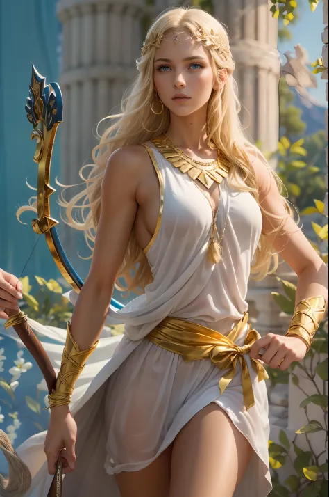 Young virgin greek goddess of wild nature and hunting, with (((Blonde hair))) and (((Blue eyes))), has amazingly and stunningly beautiful appearance, is fair-skinned, slender and tall, Shows off her perfect pair of long legs, wears {sleeveless, (Very short...