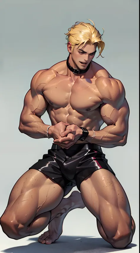 1male people, Shen Yu, ((Golden hair)), musculature, (((((nakeness))))), (((Solo))), The, Full body like, Handsome, Tall, chest muscle, Abs, Biceps, Collar, Thigh muscles, ((((Legs are bare from thighs to toes))))), Black background, (((Bust))), short deta...