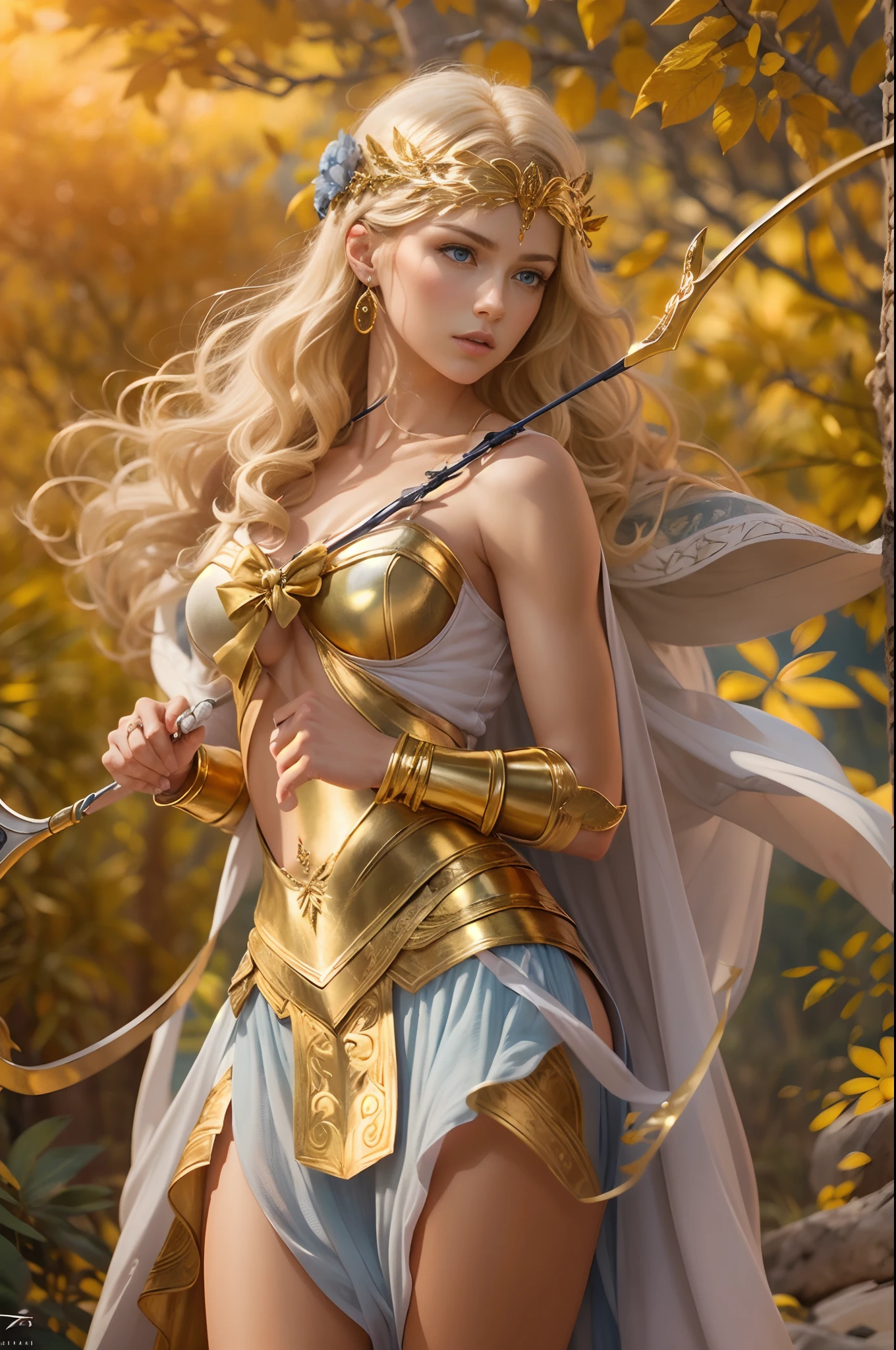 Young virgin greek goddess of wild nature et hunting, avec (((cheveux blond))) et (((yeux bleus))), has amazingly et stunningly beautiful appearance, a la peau claire, slender et tall, Montre sa paire parfaite de longues jambes, porte {Sans manches, (très court: 1.7), (blanc:1.5), chitons grecs, Avec bordure dorée}, abdos, "Looks strict et determined", tenant un ((arc d&#39;or)), tir à l&#39;arc, Patrouiller pour protéger son sanctuaire du mal, Mythical Arcadian mountains et forests, mythologie grecque, vibrant et lively atmosphere, Photoréaliste, hyperréalisme, ultra-qualité, super détail, ultra accurate description of hets, chef-d&#39;œuvre, 8k, hdr