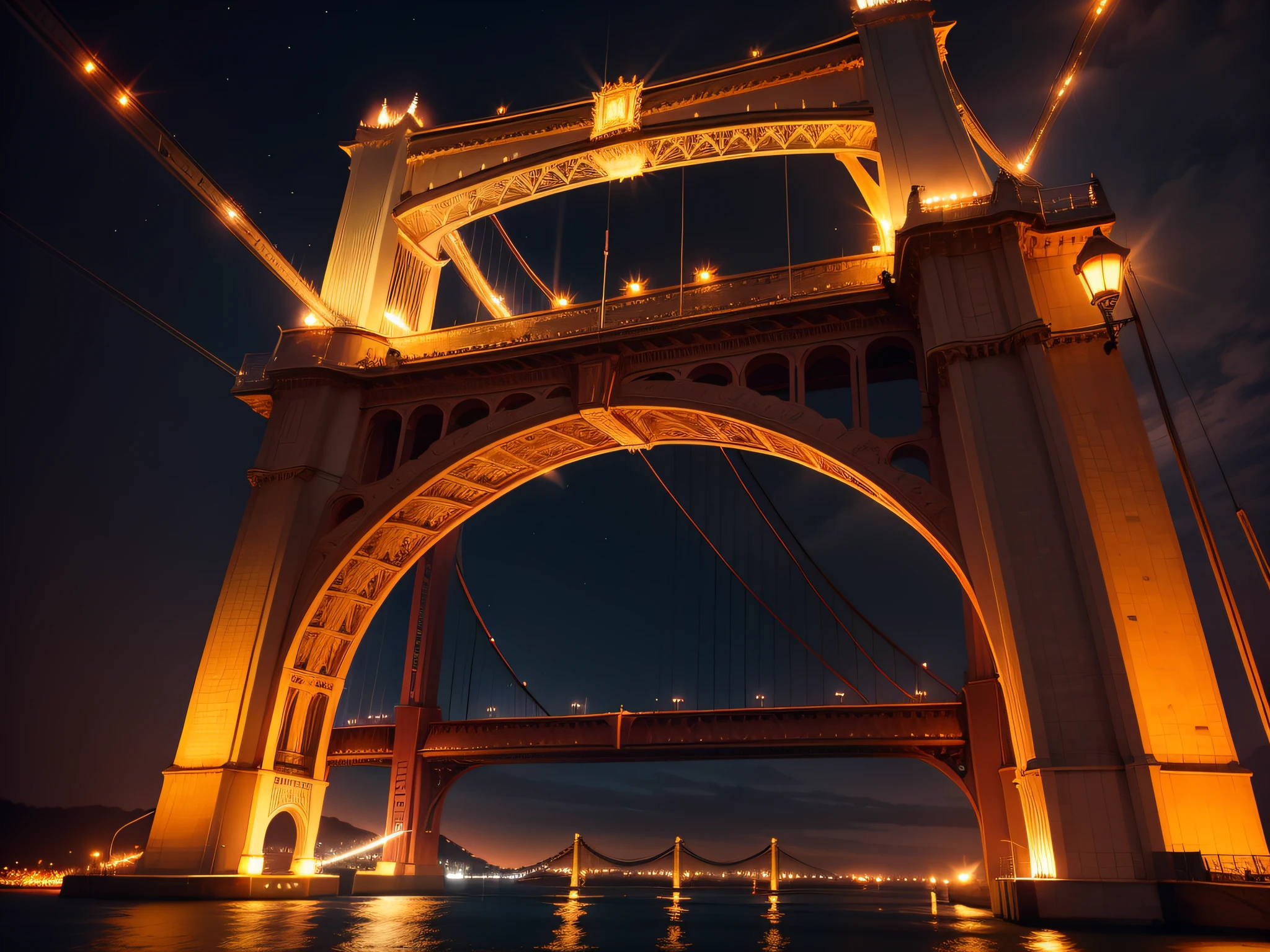 Beleuchtete Brücken: Brücken über Gewässer, wie die Golden Gate Bridge oder die Tower Bridge, sind oft nachts beleuchtet, bietet eine malerische Aussicht.