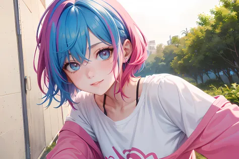 upper body shot of girl with pinkish red hair, light blue streaks in hair, multicolor hair, short hair, looking at camera, slight smile, 25 year old, sexy face, detailed, wearing pink shirt, fiery eyes, slight smile