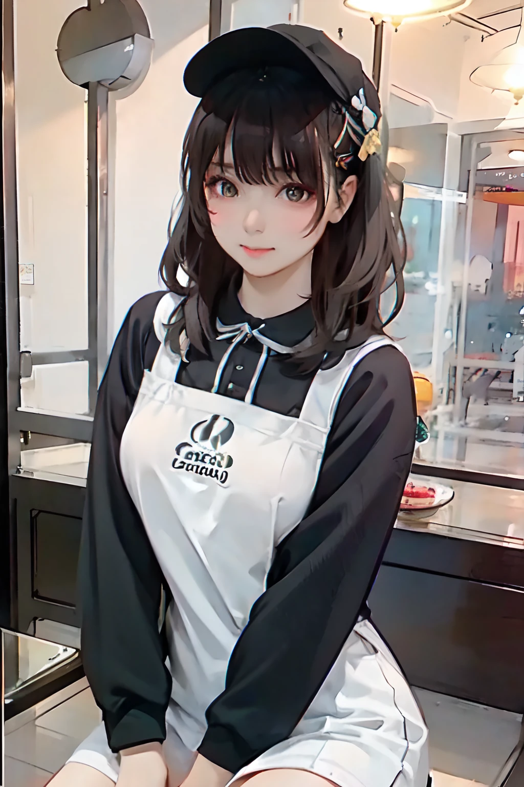 Anime girl in a black and white uniform sitting on a counter - SeaArt AI