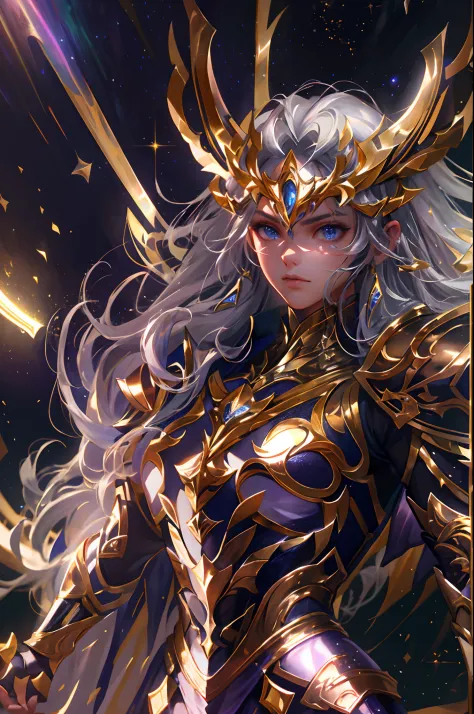 Ultra-high saturation，（tmasterpiece）， fully body photo，（best qualtiy）， （1girll）， starryskybackground，Wearing shiny gold armor， Sexy lingerie type armor，Expose your chest，Expose the waistline，Exposing thighs，cool-pose， Saint Seiya Armor， messy  hair，high de...