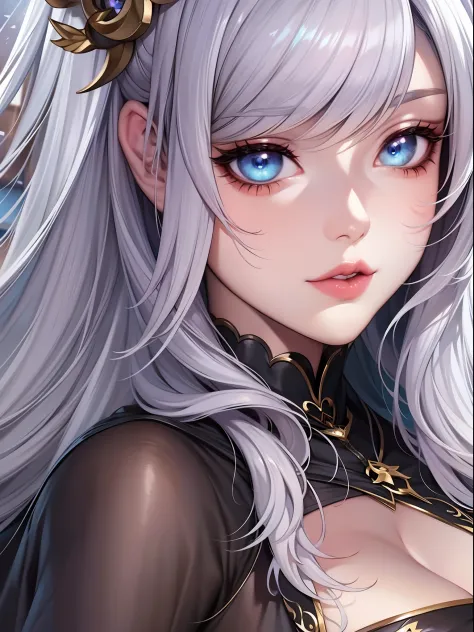 Close-up of face,Diagonal angle., complex details beautiful and delicate eyes, anime girl with long white hair and blue eyes posing for a picture, shadowverse style, smooth anime cg art, sayori, detailed digital anime art, guweiz, sui ishida art manga, sha...