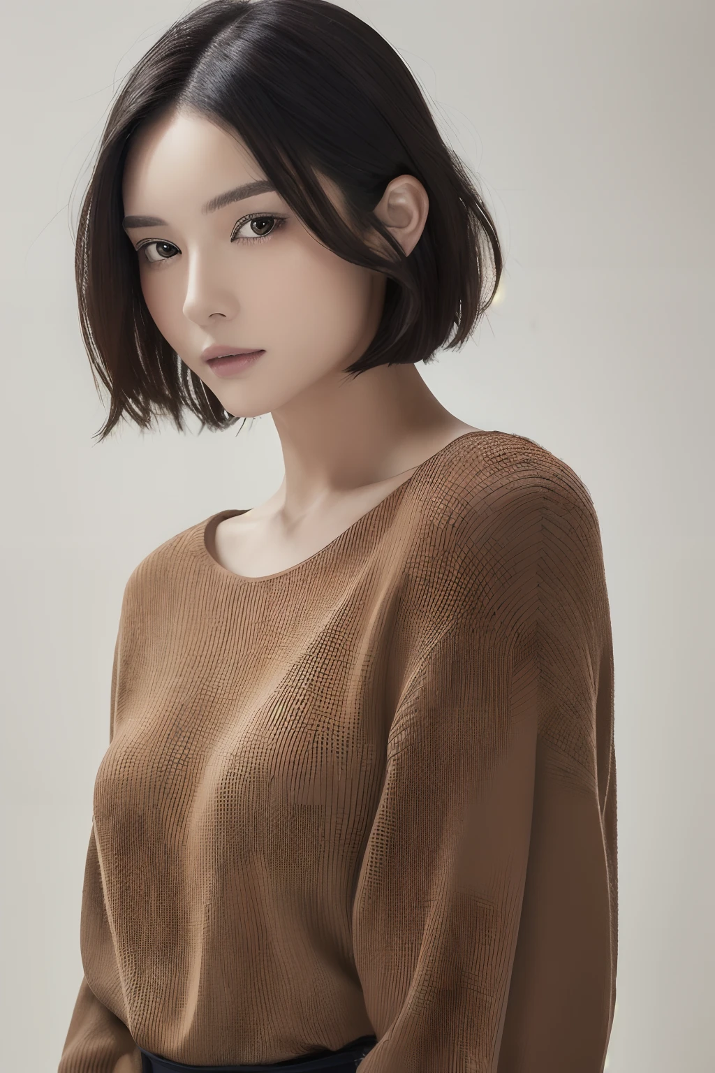 (masuter piece:1.3), (8K, Photorealsitic, Raw photography, top-quality: 1.4), (1girl in), beautiful countenance, (Lifelike face), (A dark-haired, short-hair:1.3), Beautiful hairstyle, realisticeyes, Beautiful details, real looking skin, Beautiful skins, Sweaters, absurderes, enticing, 超A high resolution, A hyper-realistic, high-detail, the golden ratio