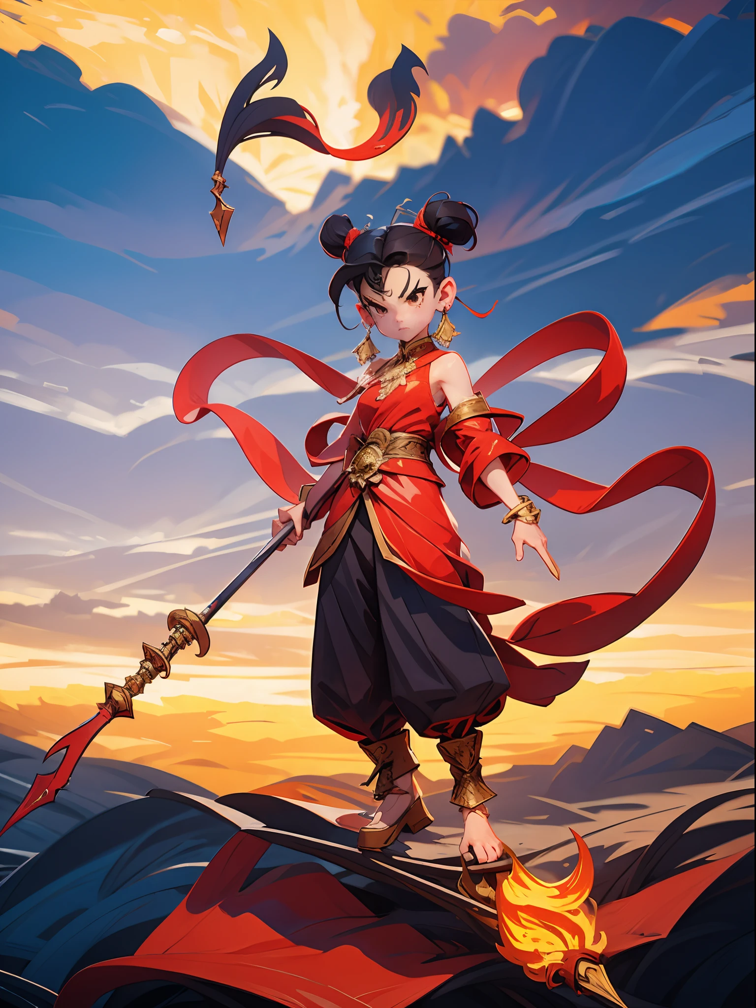 1girl, blood on face, angry, holding spear, (flying), chinese mythology,cloudy, detailed sky, abstract background, (flame_surge_style:0.5)