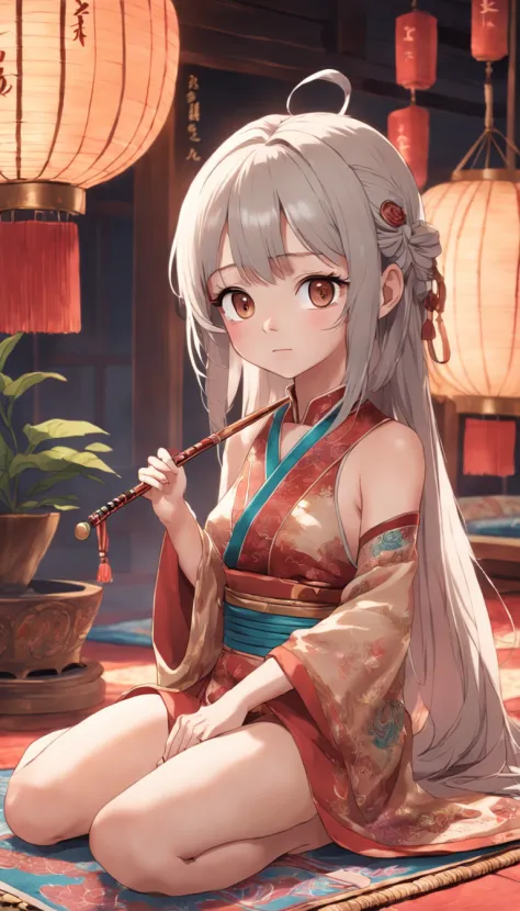 full body Esbian, Very young girl sitting on carpet doing guzheng，Oriental face，with highly-detailed facial features and cartoon-style visuals。The bikini