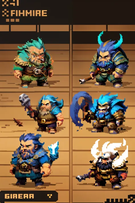 Horizontal pixel games，（Pixel art：1.4），Q version《dungeons and dragons》，monster character design，（Dwarf with hammer：1.4），（（best qualtiy）），super-fine，8K，A detailed，acurate
