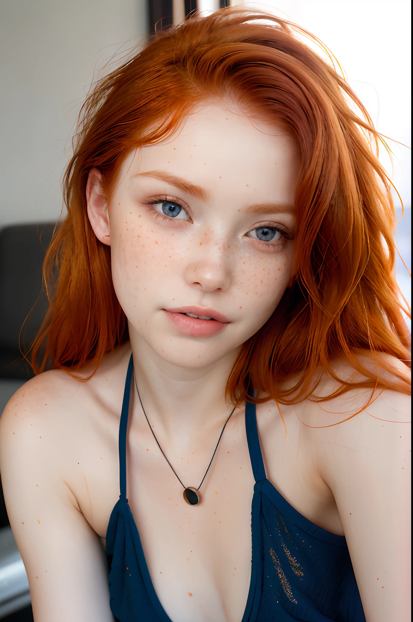 Redhead haired woman with freckled hair and necklace posing for a picture -  SeaArt AI