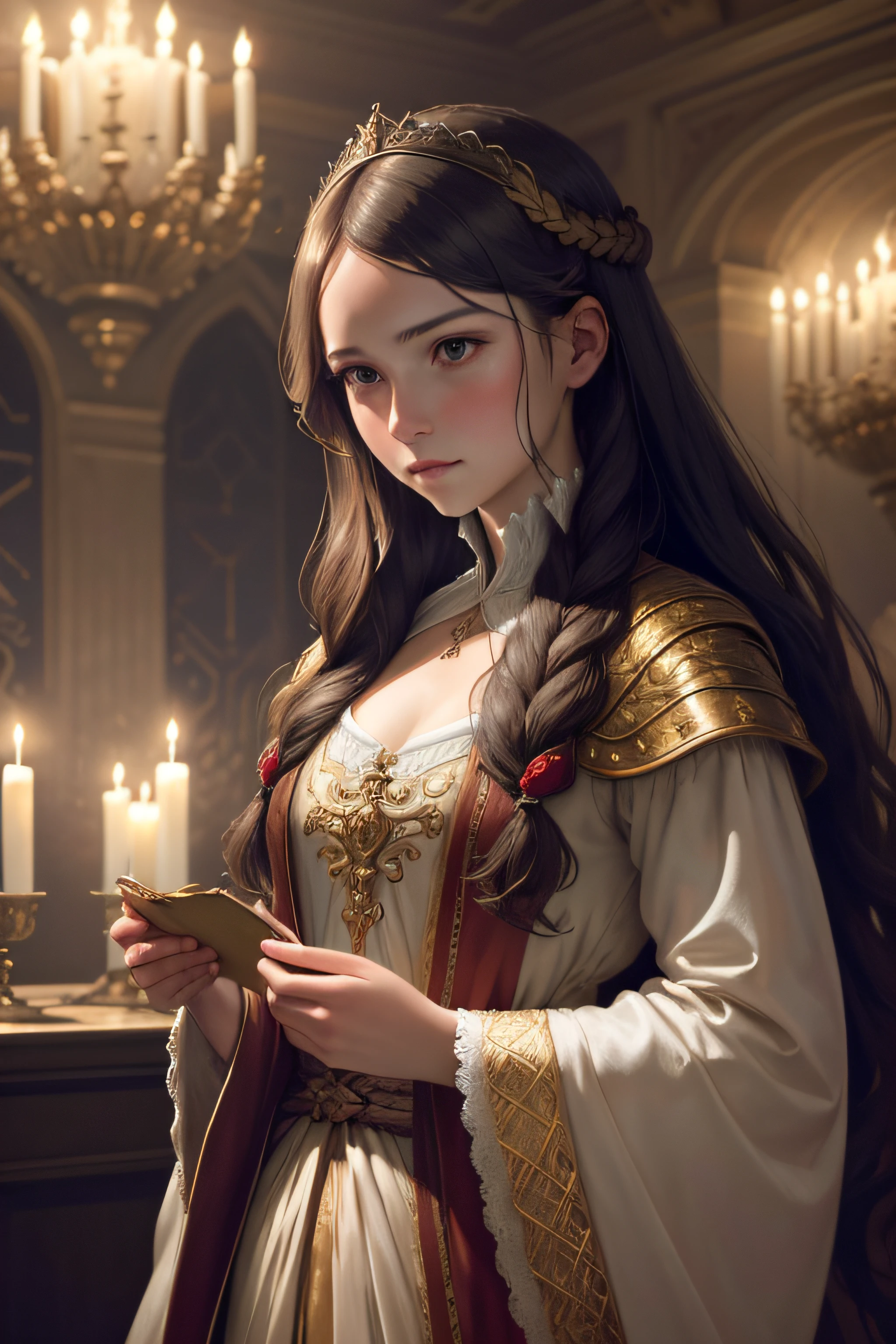 (masterpiece), (oil painting), (Greg Rutkowski), (Sandro Botticelli), (extremely detailed 8k CG unity wallpaper), (perfectly detailed and drawn eyes), (soft ambient light), (artwork ), (best artistic lighting), (best artist), (best UHD scenery), (1girl) only, of (long), braided hair, melancholy face, in subtle traces of sadness and coldness, wearing medieval ancient robes of the baroque era , with an incredible dynamic scene of a beautiful ballroom, being illuminated by a dim light from candles on the walls giving a soft and dark air, in artistic and cinematographic tones, aiming at the beauty and features of Greg Rutkowski.