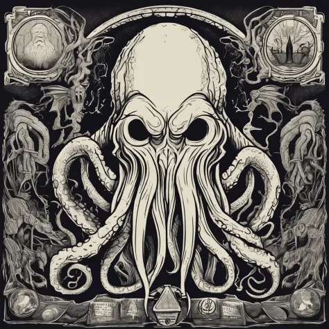 Cthulhu，Terrifying monsters，Horror Notes，Mysterious deep-sea creatures，Ocean abyss，Scary darkness，Ancient deities，Twisted Demon，Nightmare maze，Evil forces，Get lost in endless darkness，Humans who have lost their minds，Fanatical faith，The boundless void，Cult...