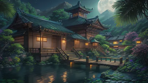 16:9 Full picture，Chinese Ancient Architecture、Hazy moon、the night、trpical garden、bamboos、lakes、stone、Rockery、archs、nooks、Rockery、The tree、flowingwater、scenecy、exteriors、waterfallr、grassy fields、Rochas、water lilies、hot onsen、vapour、（illustratio：1.0）、Epic c...
