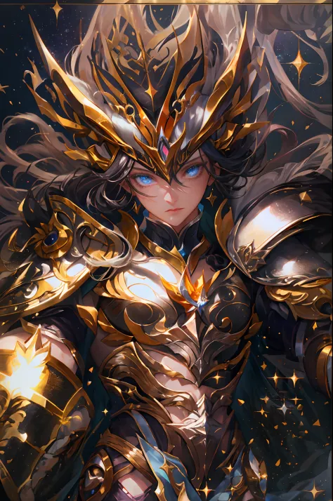 Ultra-high saturation，（tmasterpiece）， fully body photo，（best qualtiy）， （1girll）， starryskybackground，Wearing shiny gold armor， S...
