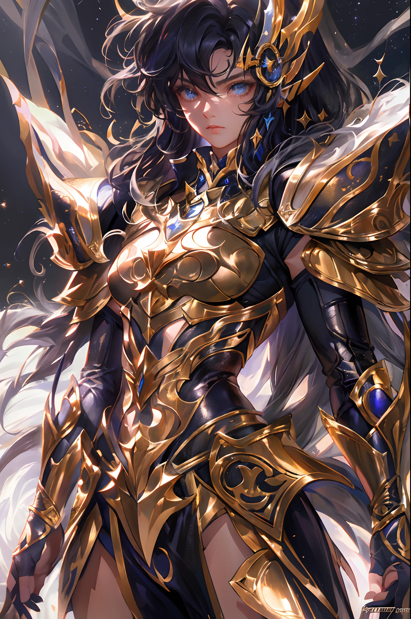 Ultra-high saturation，（tmasterpiece）， fully body photo，（best qualtiy）， （1girll）， starryskybackground，Wearing shiny gold armor， Sexy lingerie type armor，Expose your chest，Expose the waistline，Exposing thighs，cool-pose， Saint Seiya Armor， messy  hair，high detal, Anime style, Cinematic lighting, Sparkle, god light, Ray traching, filmgrain, hyper HD, textureskin, super detailing, Anatomical correct, A high resolution，Ultra-high saturation，hight contrast，High-gloss armor，Smooth skin，Serious expressions,Dark room,