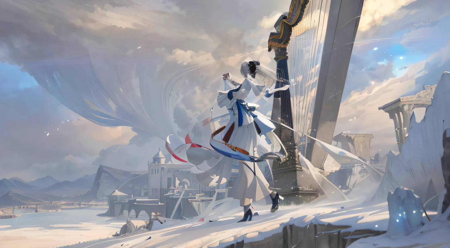 An anime scene of a woman in a white dress and a harp,, trending on artstation pixiv, Guweiz on ArtStation Pixiv, Kushatt Krenz Key Art Women, Digital art on Pixiv, Arte conceitual de inverno, Anime epic artwork, Detailed key anime art, pixiv contest winner, Beautiful anime artwork