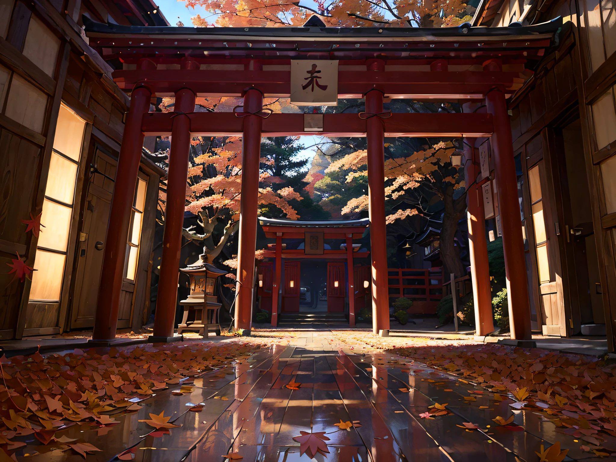 ((((night situation:1.5)))), An illustration of the scenery of the autumn leaves are depicted in a double layer due to the mirror reflection of Korin-in, Daitoku-ji Temple. at night, ultra-detailed, hyper-sharp, digital illustration, Place: Daitokuji Korin-in room Time: Autumn Subject: A specular reflection of autumn foliage The illustration depicts the specular reflection of autumn leaves on a table in the interior of Daitokuji Korin-in Temple. The table is in a room with a calm atmosphere like a tea room. The scenery of autumn leaves is clearly projected on the table. The scenery of autumn leaves is thought to have been seen from famous spots for autumn leaves such as the Sanmon Gate and Hojo in the precincts of Daitokuji Temple. The autumn leaves are dyed in various colors such as red, yellow, and orange, creating an atmosphere of autumn. (((In the illustration, the autumn leaves are depicted in a double layer due to the mirror reflection: 1.5))), which further emphasizes the beauty of the autumn leaves. In addition, the mirror reflection connects the interior and the landscape of the precincts, giving a sense of the depth of the space. Fittings such as shoji and fusuma in the room light from window Vividly expressing the colors of autumn leaves Emphasizing the beauty of autumn leaves by mirror reflection Expressing a space where the interior and the scenery of the precincts are connected