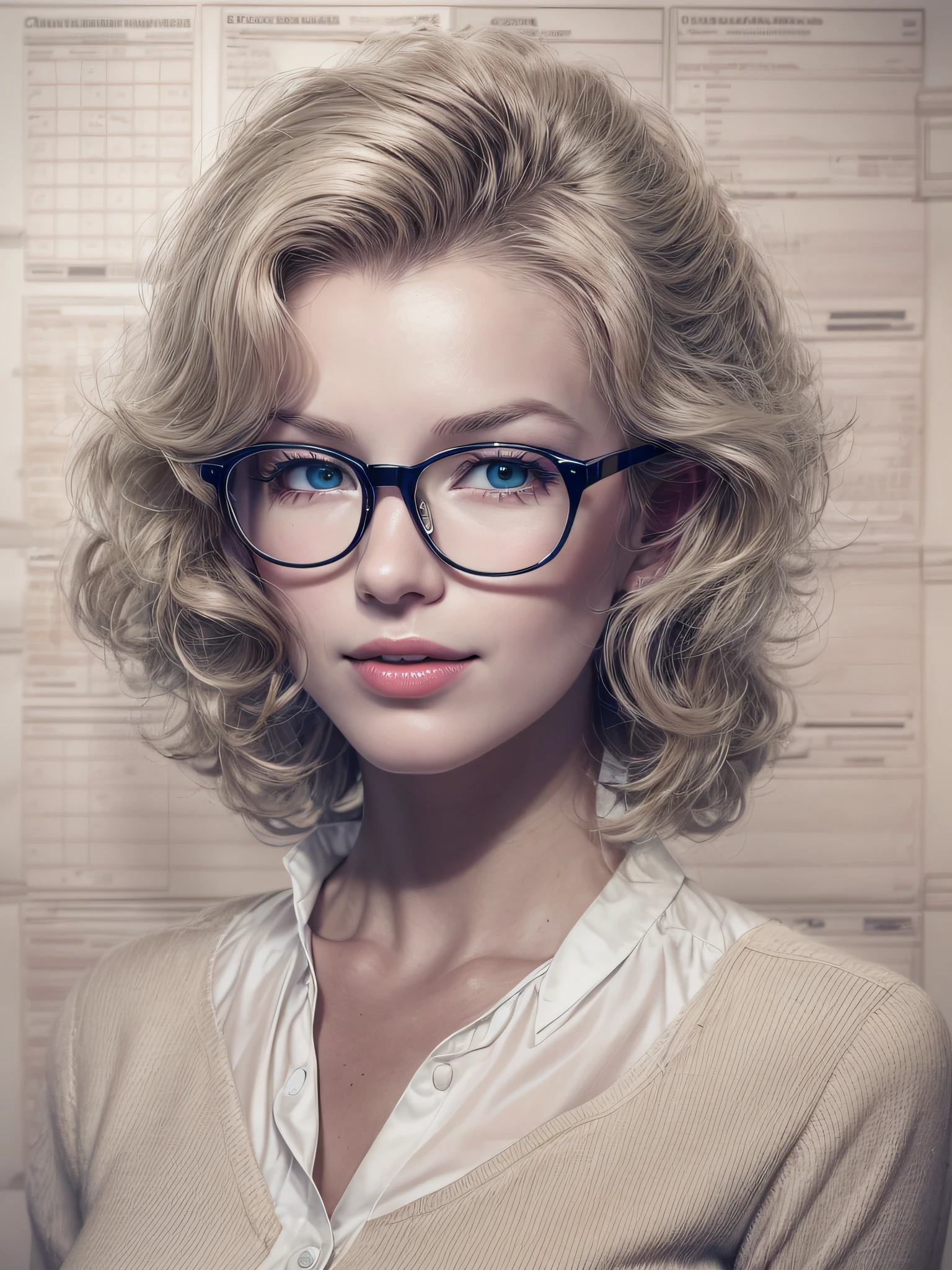 A close up of a woman with glasses and a sweater - SeaArt AI