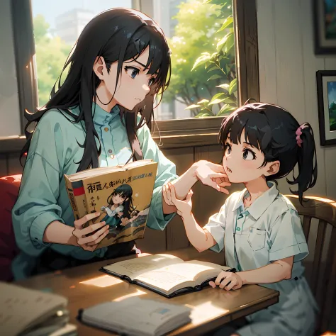 Anime girls read to girls sitting at tables,Happy emotions， Guviz-style artwork, ( ( Makoto Shinkai ) ), Guweiz e Makoto Shinkai...