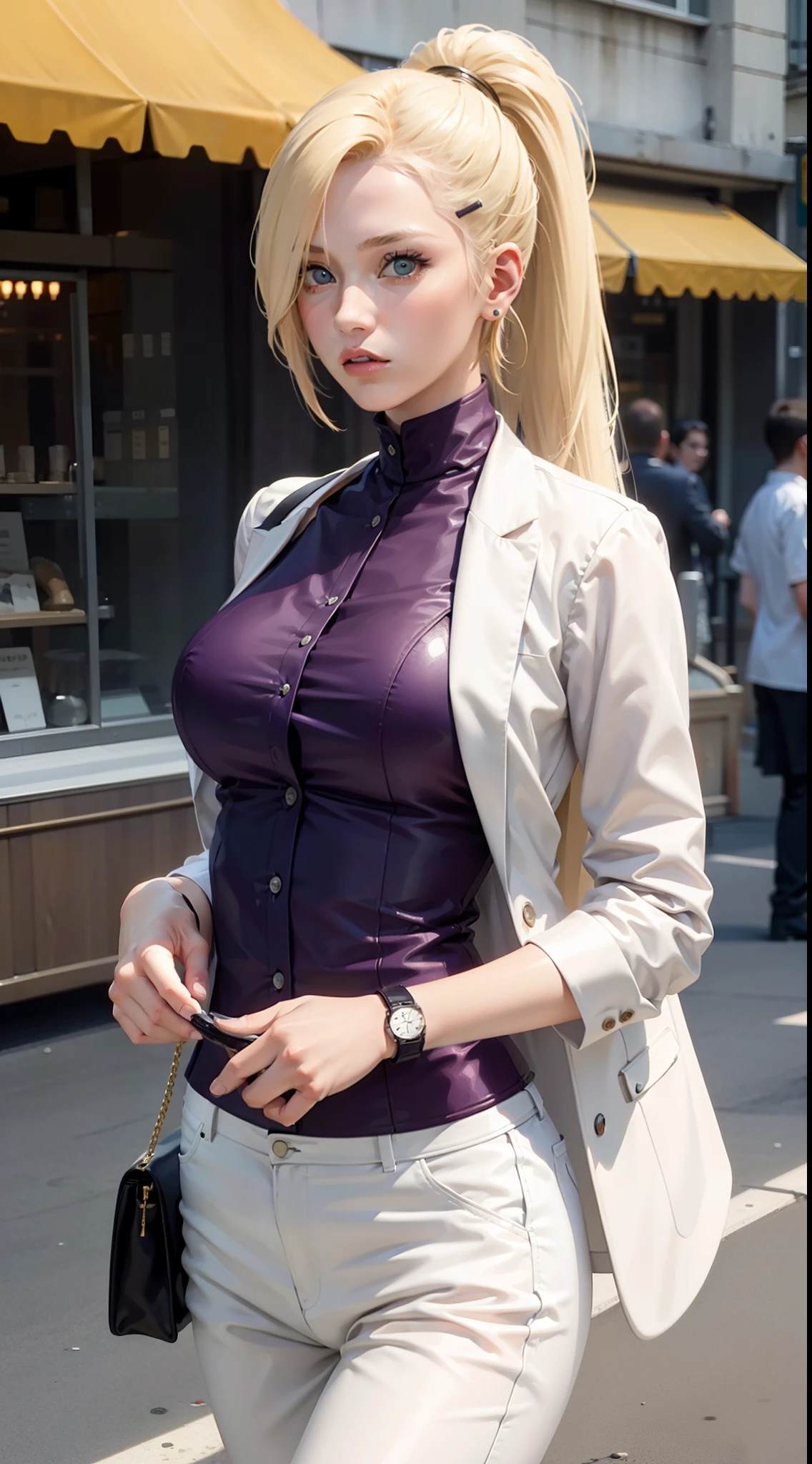 yamanaka ino from anime naruto, blonde hair, long hair, ponytail, wearing mascara, perfect body, perfect breasts, beautiful woman, very beautiful, wearing a purple formal shirt, dapper dress, formal attire, wearing a white blazer, white pants, wears handbag, wearing watch, wearing earrings, being in town, roadside, public space, Realism, masterpiece, textured leather, super detailed, high detailed, high quality, best quality, 1080p, HD, 16k