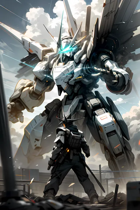 Skysky，​​clouds，Holding_arma，No_Humanity，with light glowing，，Two robots are dueling，fistfight，combats，buliding，Glowing_Eyes，Mecha，scientific fiction，The end of the world，城市，Realistis，Mecha